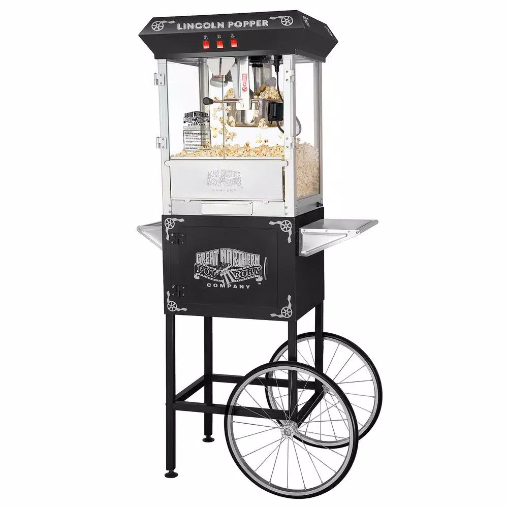 Great Northern Popcorn Lincoln 8 oz. Black Popcorn Machine with Mobile Serving Cart