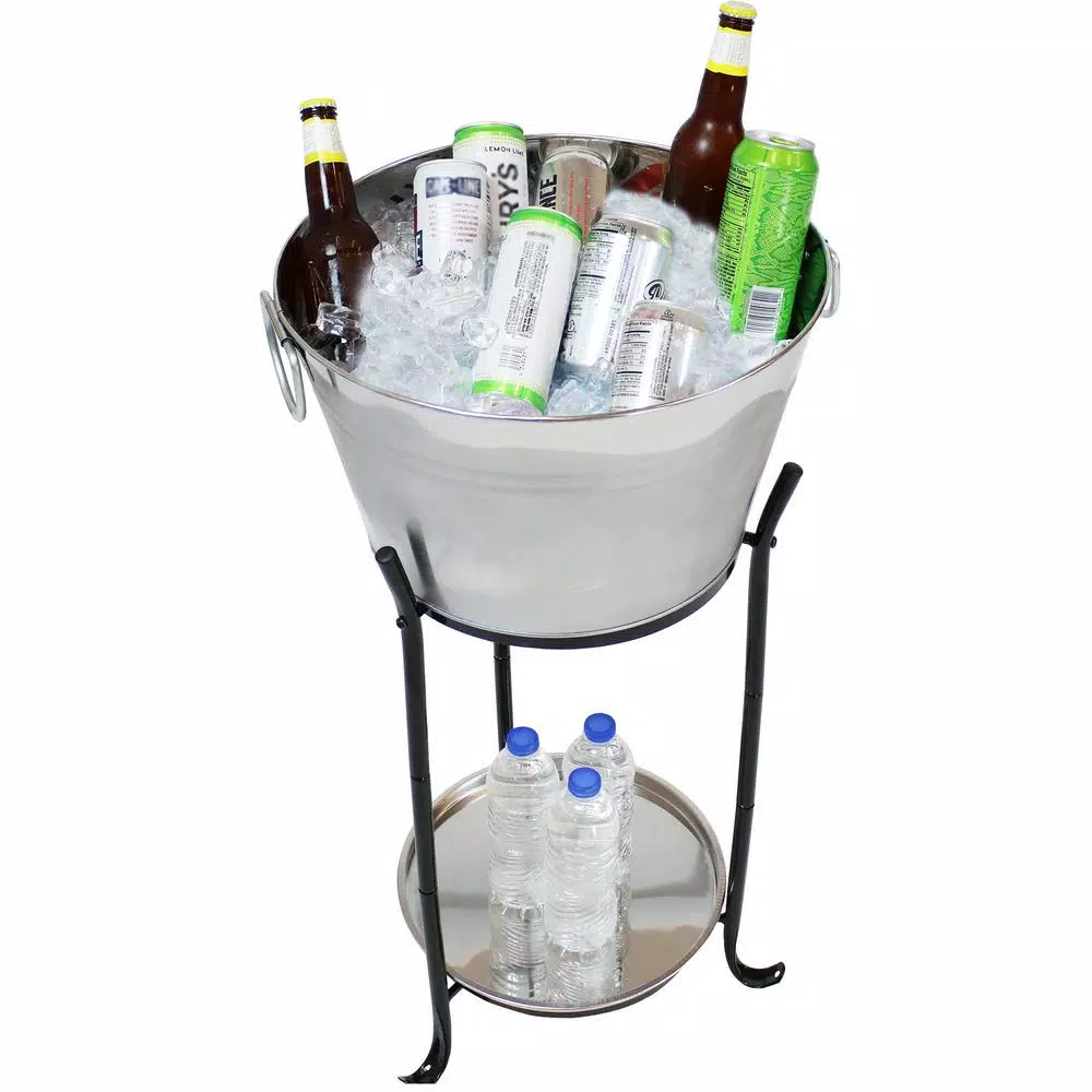 Sunnydaze Decor 5-Gallon Stainless Steel Ice Bucket Cooler with Iron Stand and Serving Tray