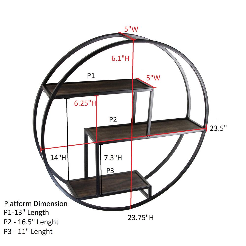 Admired By Nature 23 in. Black Round 3-Tier Iron and Wood Wall-Mounted Floating Shelves