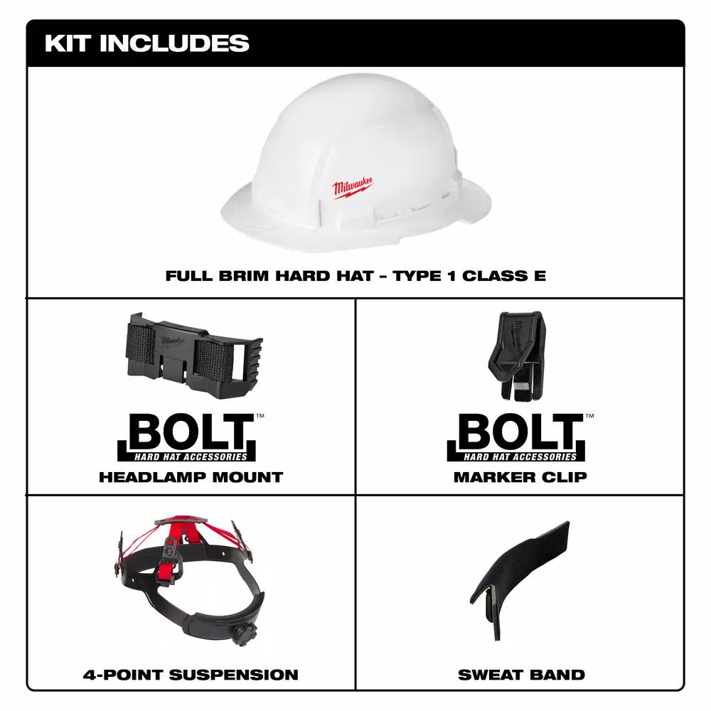Milwaukee BOLT White Type 1 Class E Full Brim Hard Hat with Small Logo
