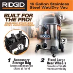 RIDGID 16 Gal. 6.5 Peak HP Stainless Steel Wet/Dry Shop Vac with 10 ft. Pro Hose and Locking Accessories thumbnail 4