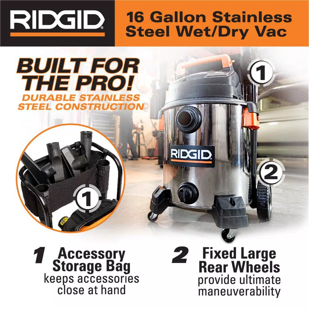 RIDGID 16 Gal. 6.5 Peak HP Stainless Steel Wet/Dry Shop Vac with 10 ft. Pro Hose and Locking Accessories