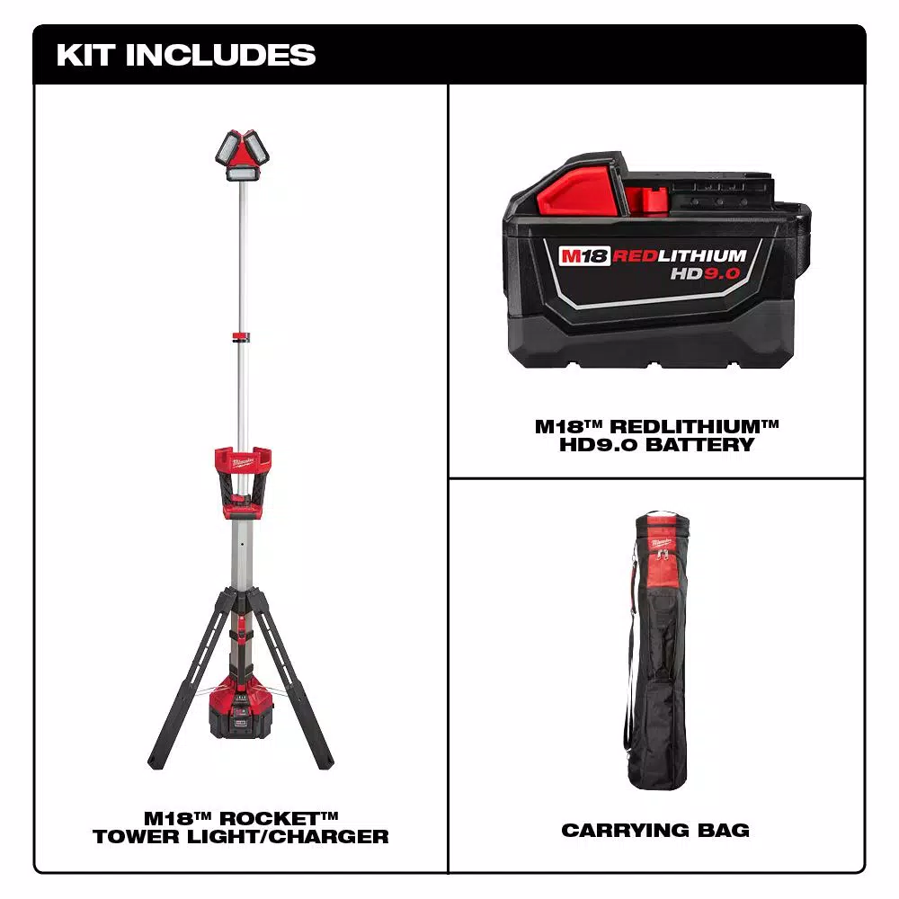 Milwaukee M18 ROCKET LED Tower Light/Charger Kit with 9.0 Ah Battery