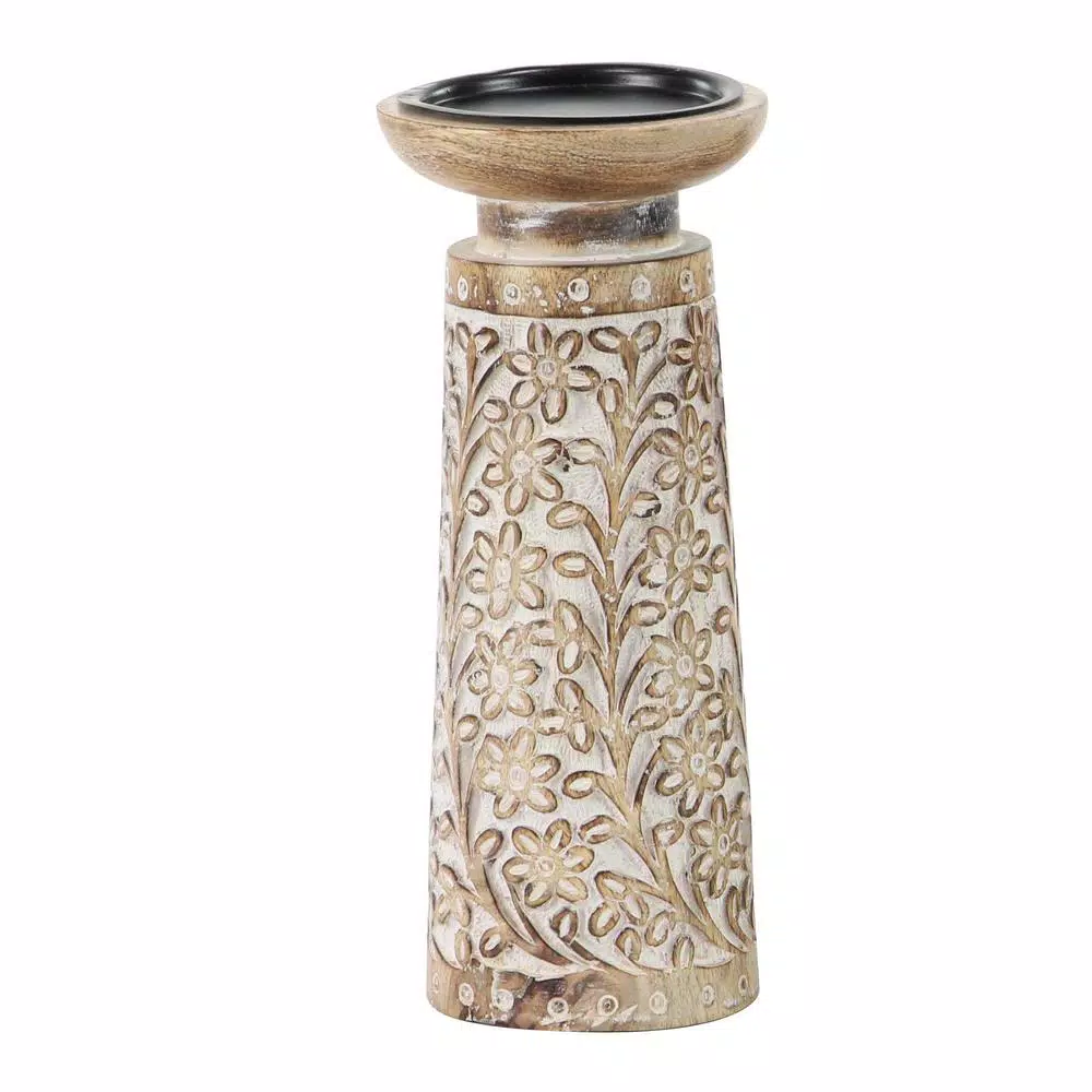 LITTON LANE Rustic Mango Wood and Iron Candle Holder Set of 3 with Floral Carvings
