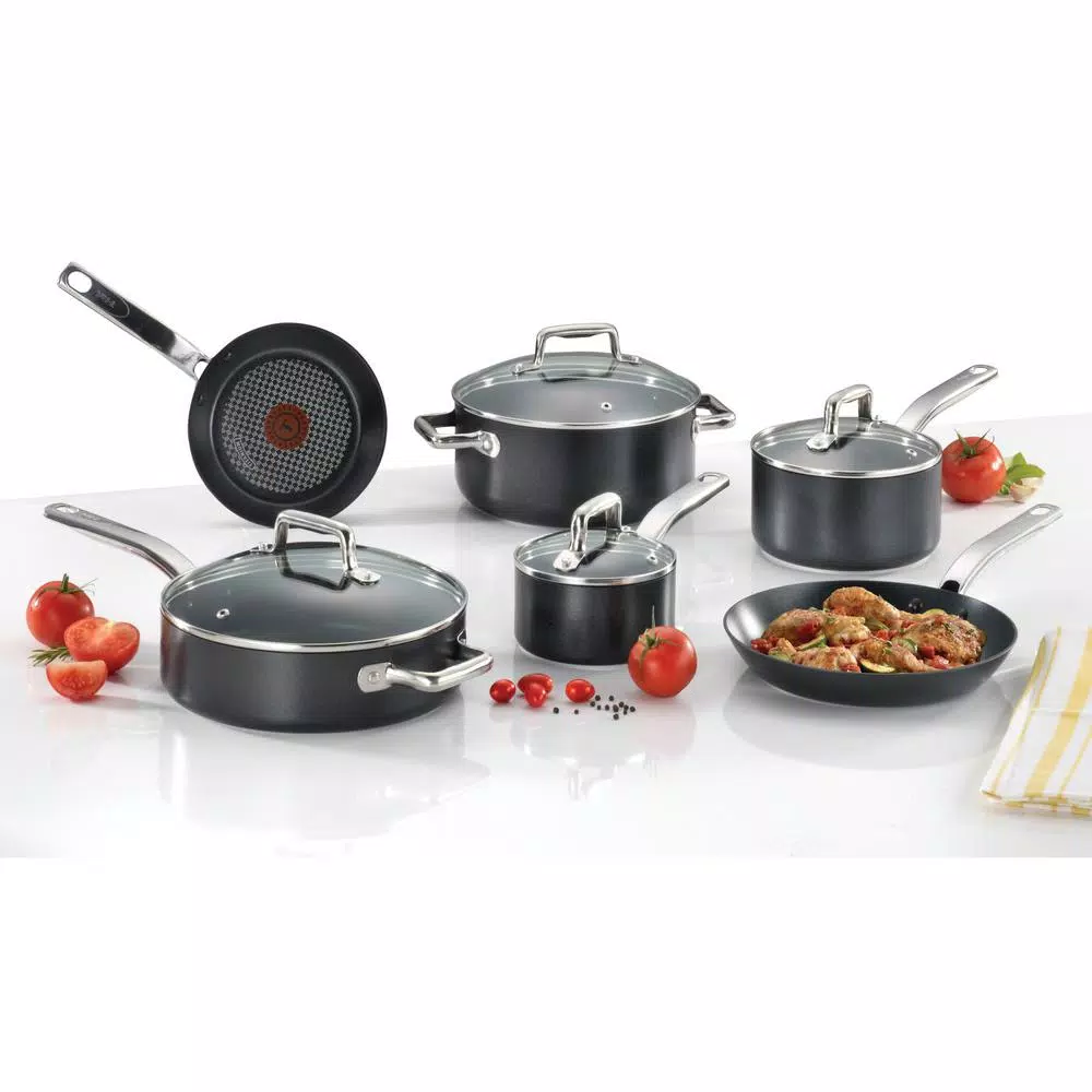 T-fal Prograde 10-Piece Aluminum Nonstick Cookware Set with Hard Titanium Reinforcement, Gray