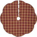 VHC Brands 55 in. Burgundy Check Red Primitive Christmas Tree Skirt with Scalloped Edge thumbnail 1