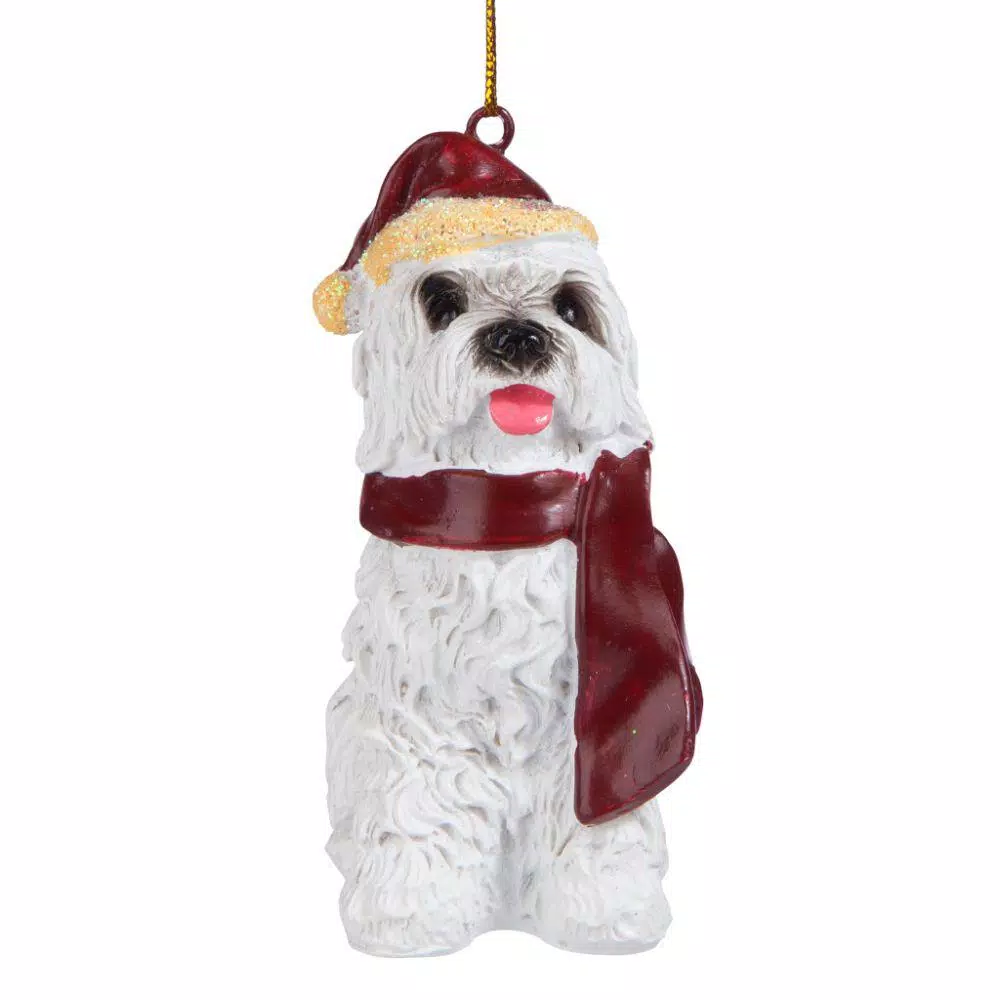 Design Toscano Maltese Dog Holiday Ornament Sculpture with Santa Hat and Red Scarf