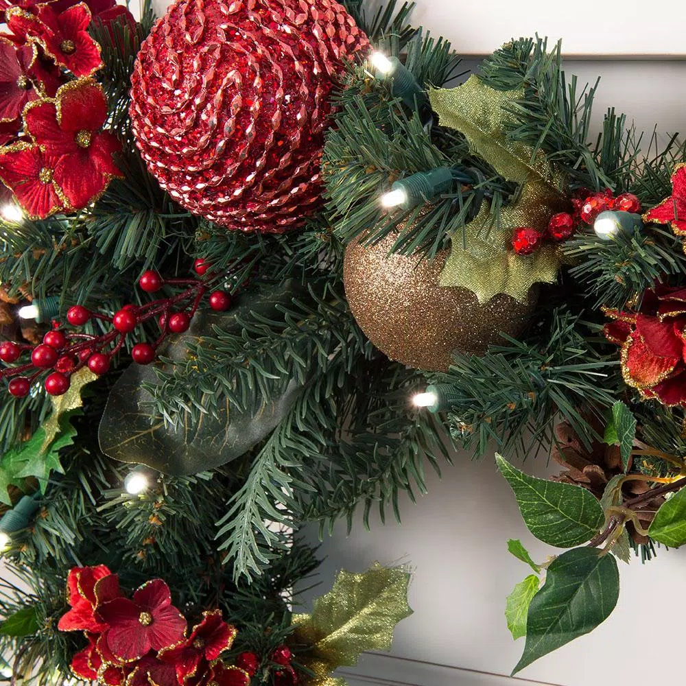 Village Lighting Company 9 ft. Pre-Lit LED Scarlet Hydrangea Artificial Garland with Warm White Lights