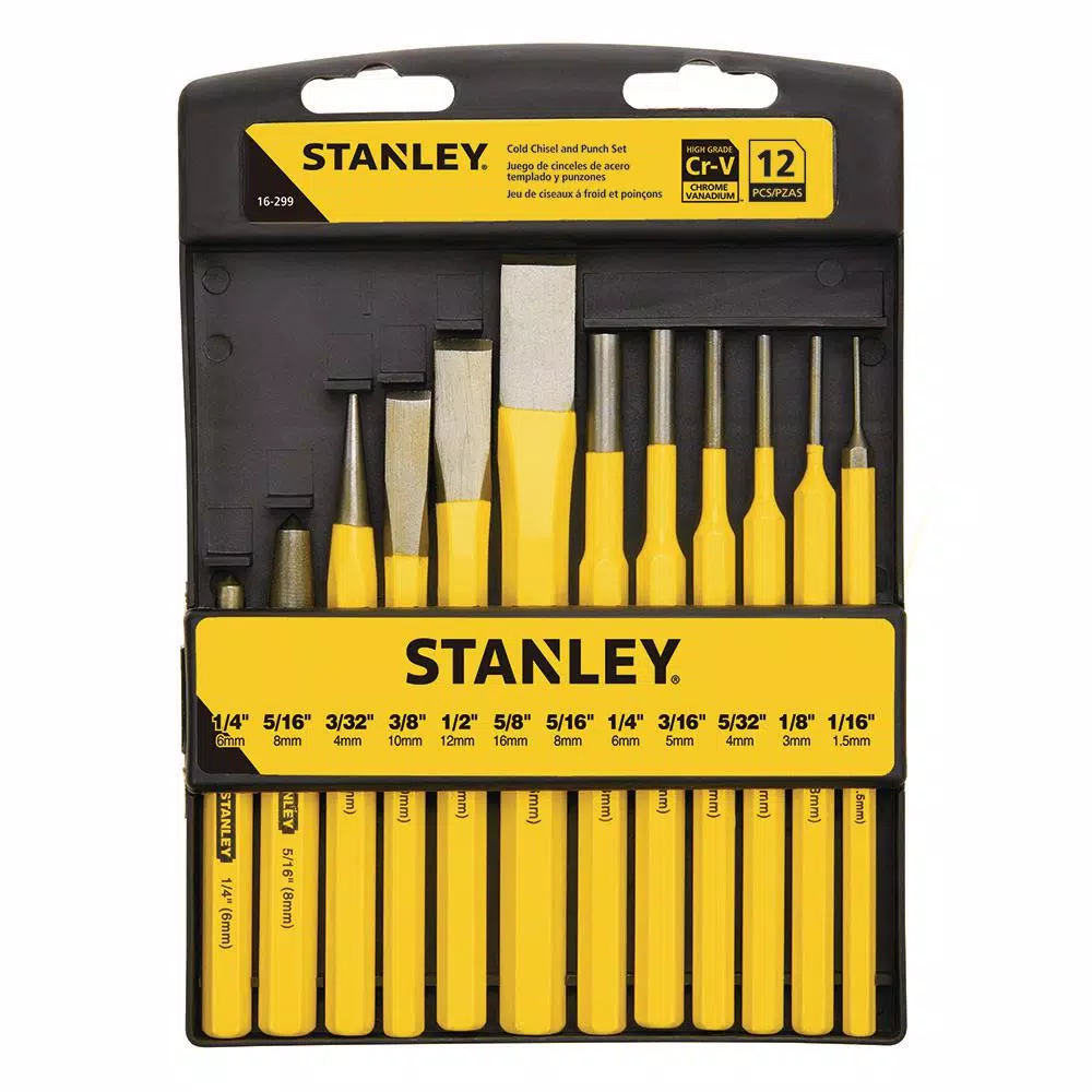 Stanley 12-Piece Punch and Chisel Set, Forged One-Piece Construction, Yellow