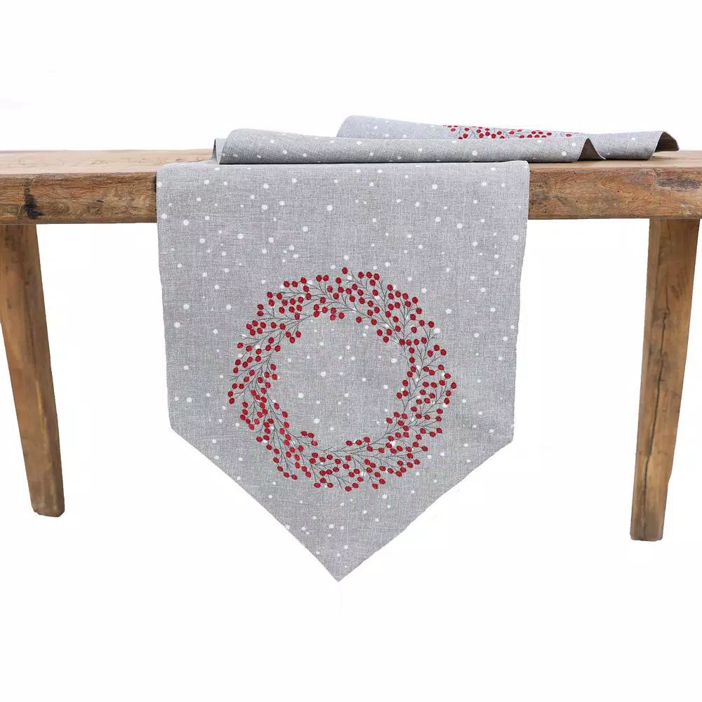 Manor Luxe Xia Home Fashions 16 x 36 in. Holly Berry Wreath Embroidered Christmas Table Runner, Gray