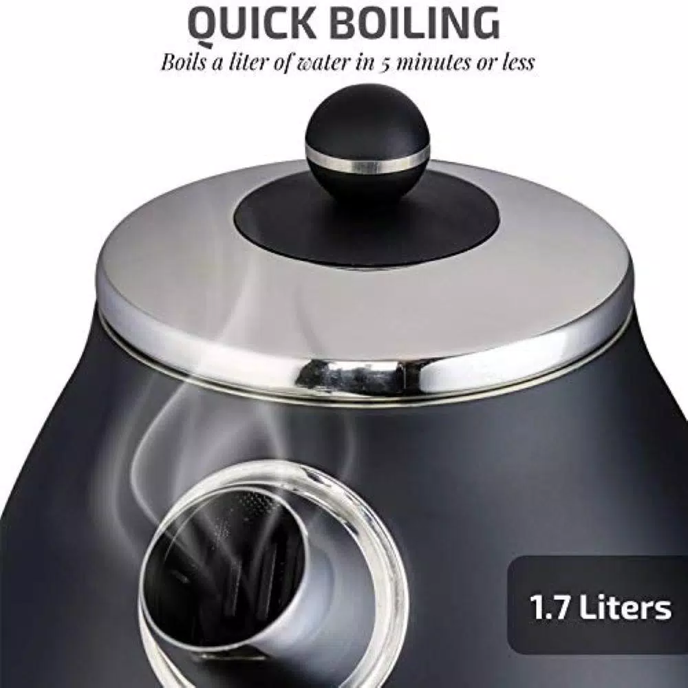 Ovente KS777 1.7L Black Stainless Steel Electric Kettle, 1500W Fast Boil with Auto Shut-Off