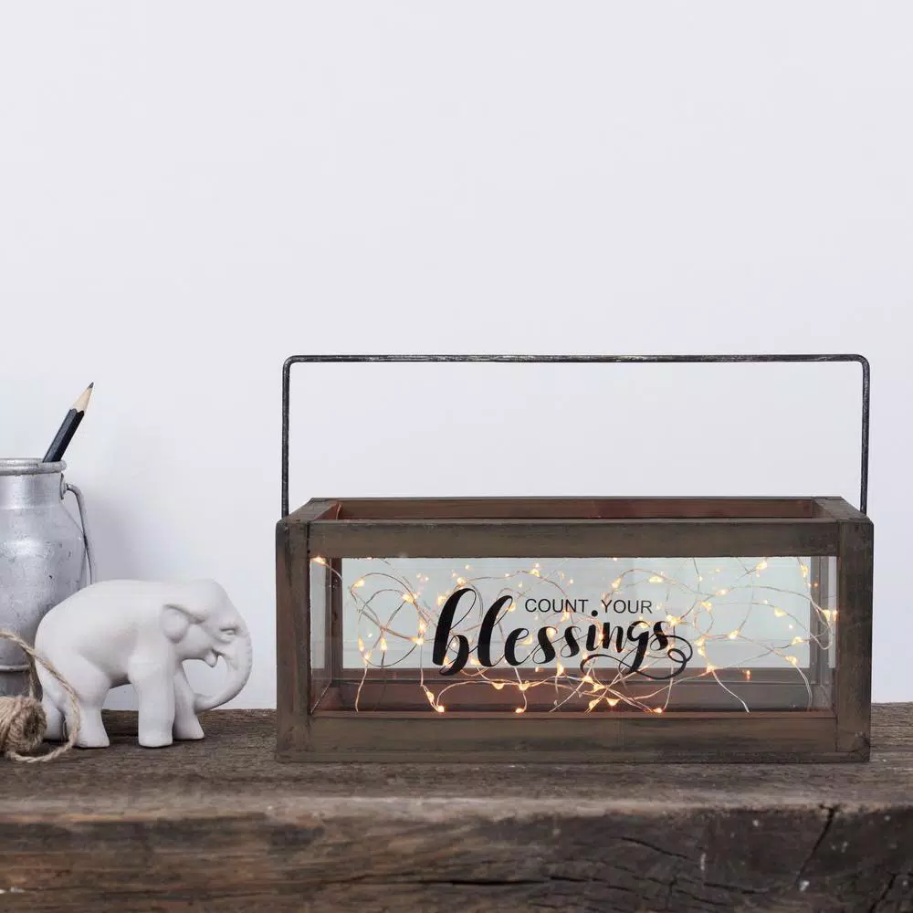 Stonebriar Collection Stonebriar Rustic Wood and Glass Votive Candle Holder with 'Count Your Blessings' Sentiment