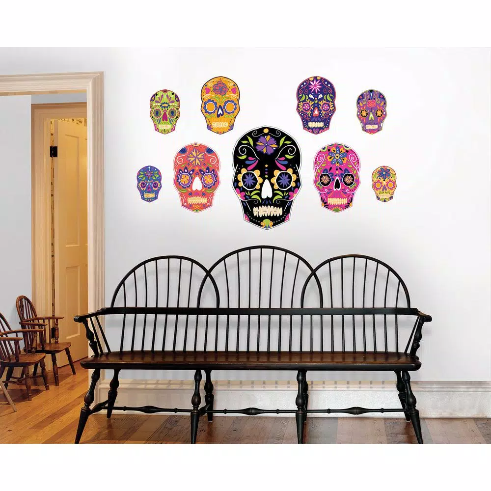 WallPops 39 in. x 34.5 in. Sugar Skull Wall Art Kit - 9 Piece Colorful Skeleton Decals