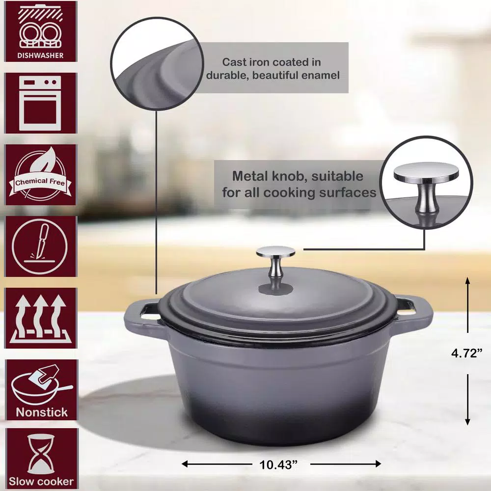 AMERCOOK LA PLURIEL 3 qt. Round Enameled Cast Iron Casserole Dish with Lid, Gray