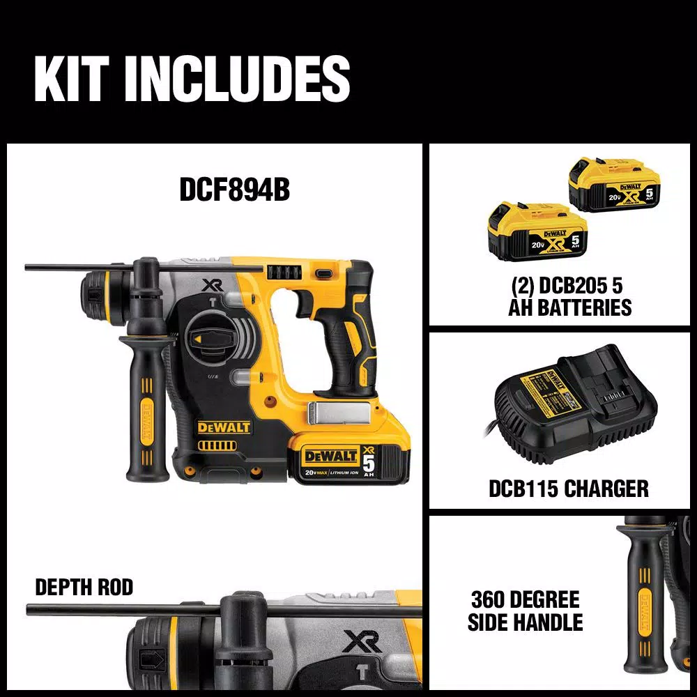 DEWALT 20V MAX XR Brushless 1 in. SDS Plus L-Shape Rotary Hammer Kit with (2) 5.0 Ah Batteries & Charger