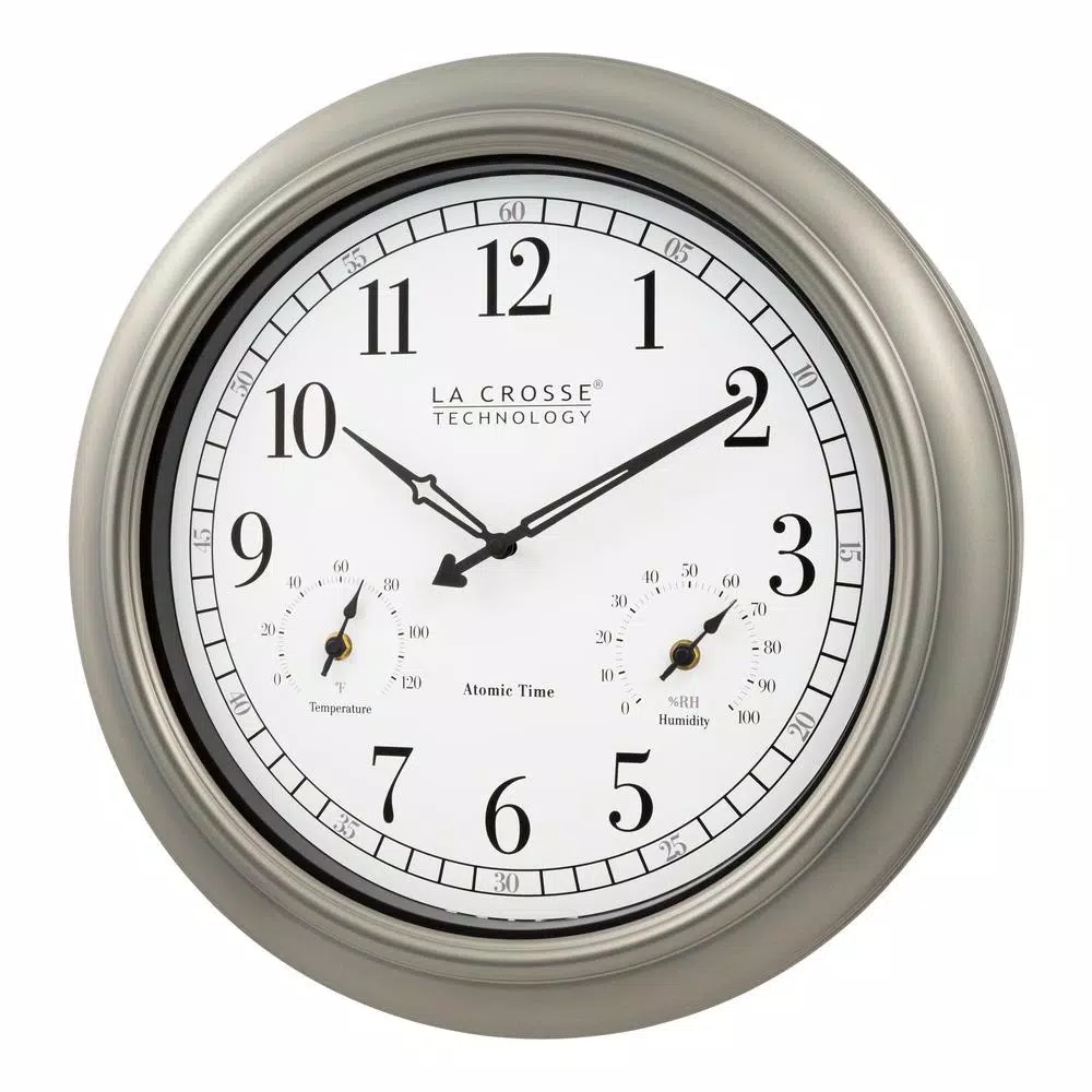 La Crosse Technology 18-Inch Atomic Analog Wall Clock with Thermometer & Hygrometer, Pewter