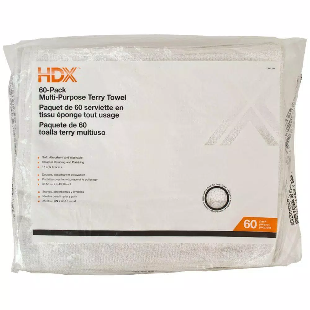 HDX Multi-Purpose Cotton Blend Terry Cloth Towels, 14 in. x 17 in., White (60-Pack)