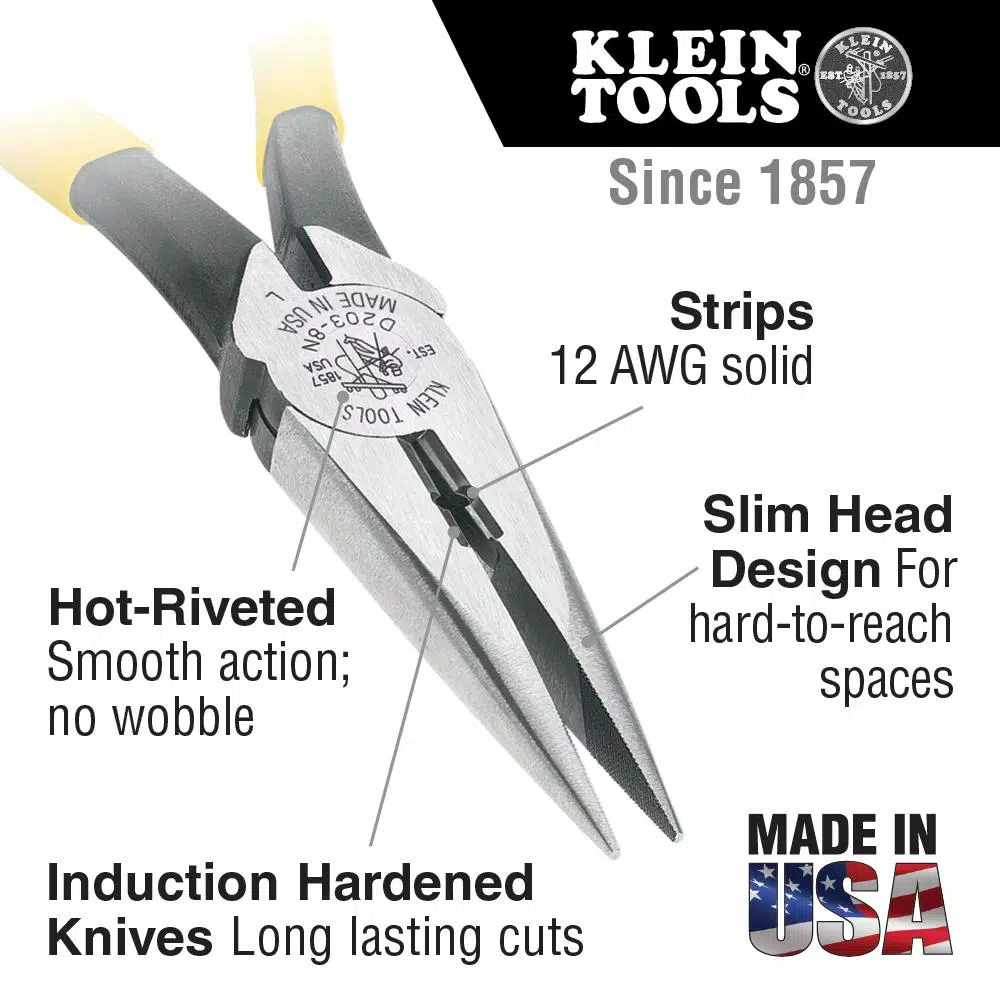 Klein Tools 8 in. Heavy Duty Long Nose Side Cutting Pliers for Wire Stripping