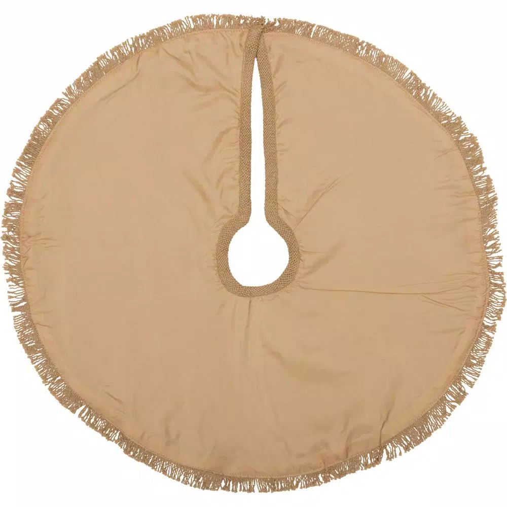 VHC Brands 21 in. Natural Burlap Christmas Tree Skirt with Fringed Edge and Reversible Taffeta