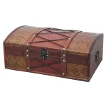 Vintiquewise 14 in. Wooden Pirate Treasure Chest with Faux Leather X Design - Antique Cherry Decorative Storage Box thumbnail 1