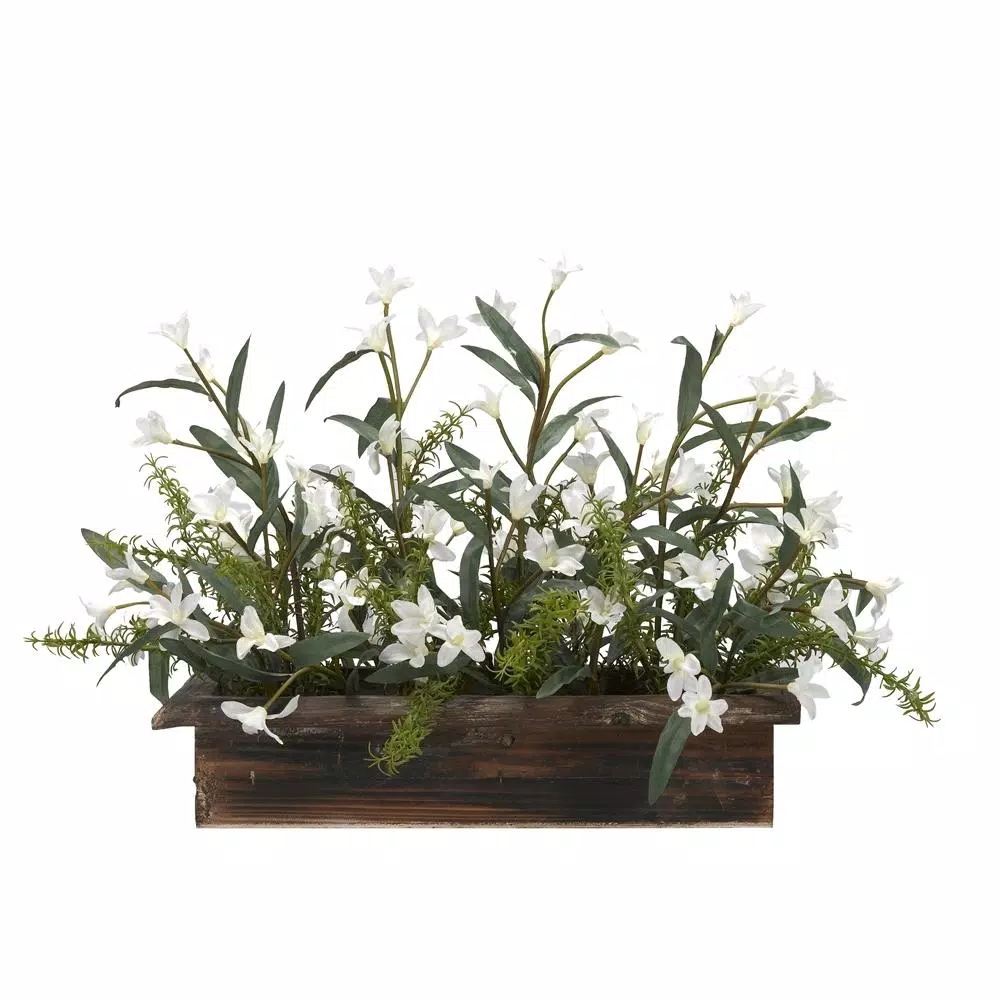 D&W Silks 30 in. White Phlox Silk Floral Arrangement in Rectangle Wooden Planter