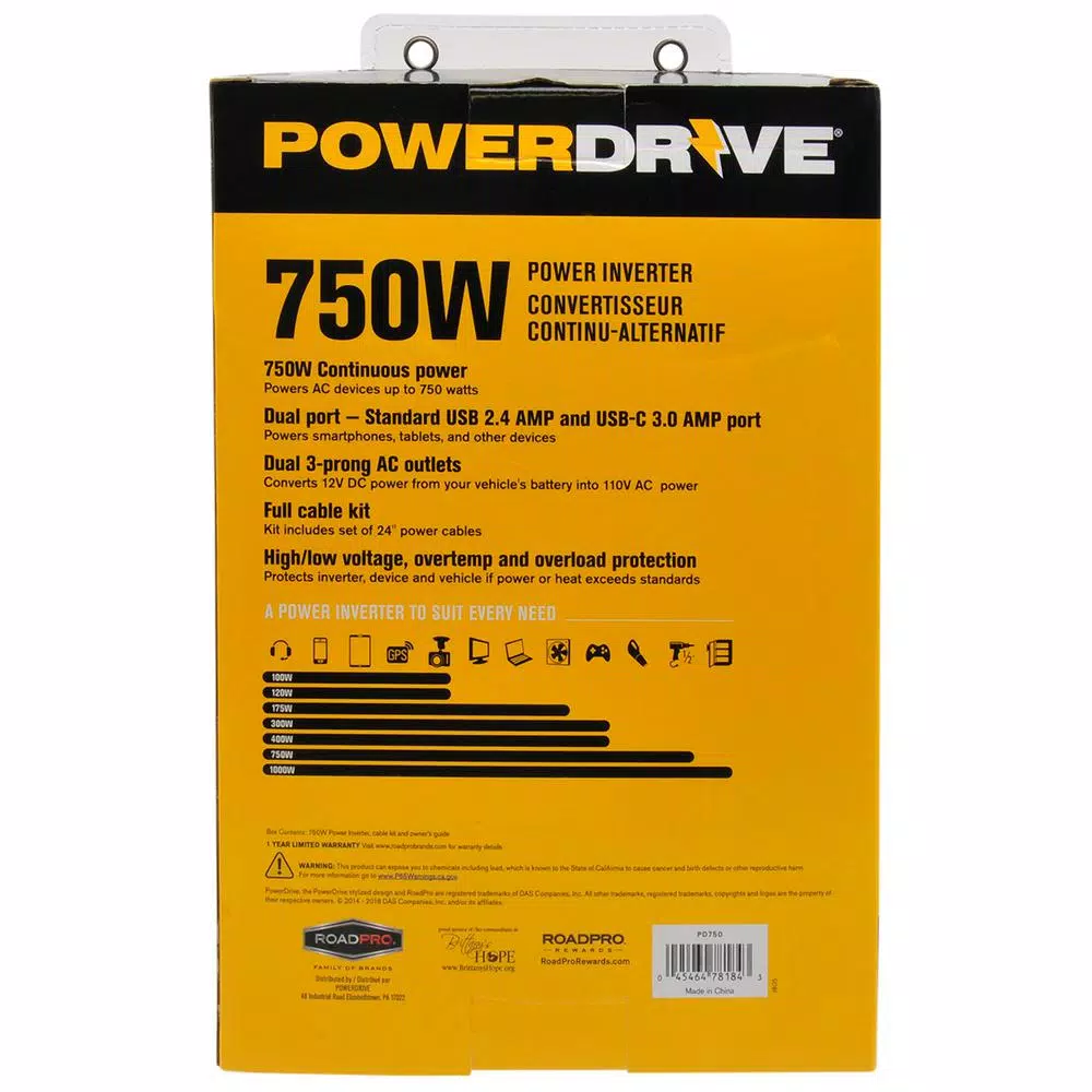 PowerDrive 750W DC to AC Power Inverter with Dual USB and USB-C Ports