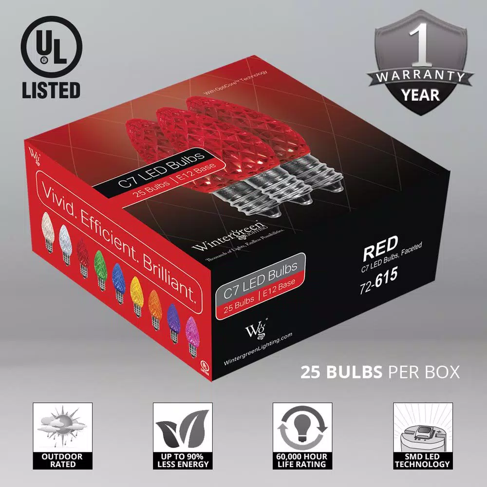 Wintergreen Lighting OptiCore C7 LED Red Faceted Christmas Light Bulbs, 25-Pack
