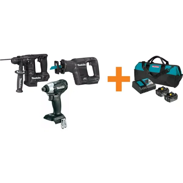 Makita 18V LXT Sub-Compact Brushless Tool Combo Kit: Impact Driver, Rotary Hammer, Reciprocating Saw & Battery Pack