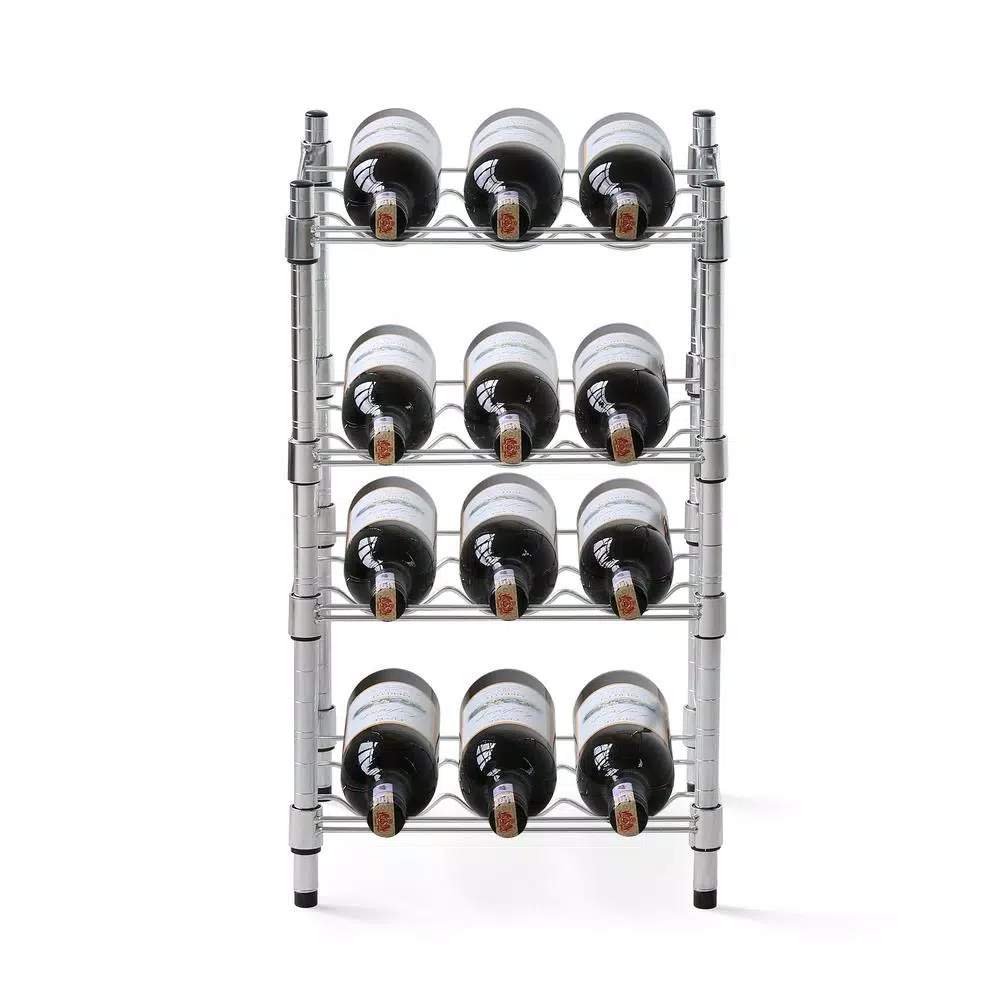 Furinno Wayar 4-Tier Silver Chrome Wine Rack, 12-Bottle Capacity Heavy Duty Steel Shelving
