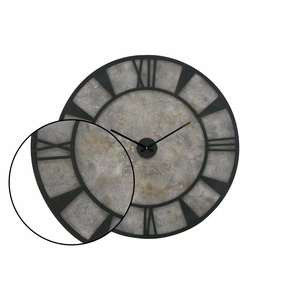 LITTON LANE 35 in. Modern Industrial Round Wall Clock - Matte Black Iron and Stone Gray Wood