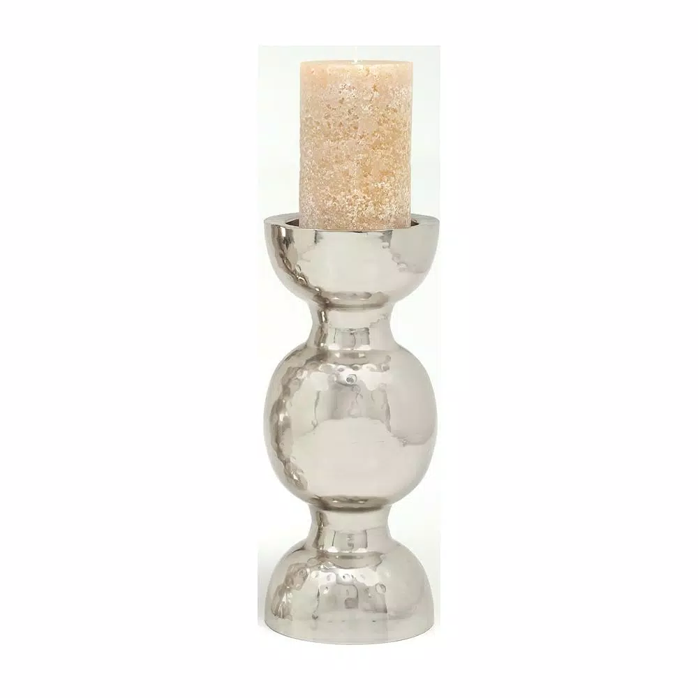 LITTON LANE 14 in. x 6 in. Classic Iron Candle Holder with Spherical Orb Accent, Polished Silver Finish
