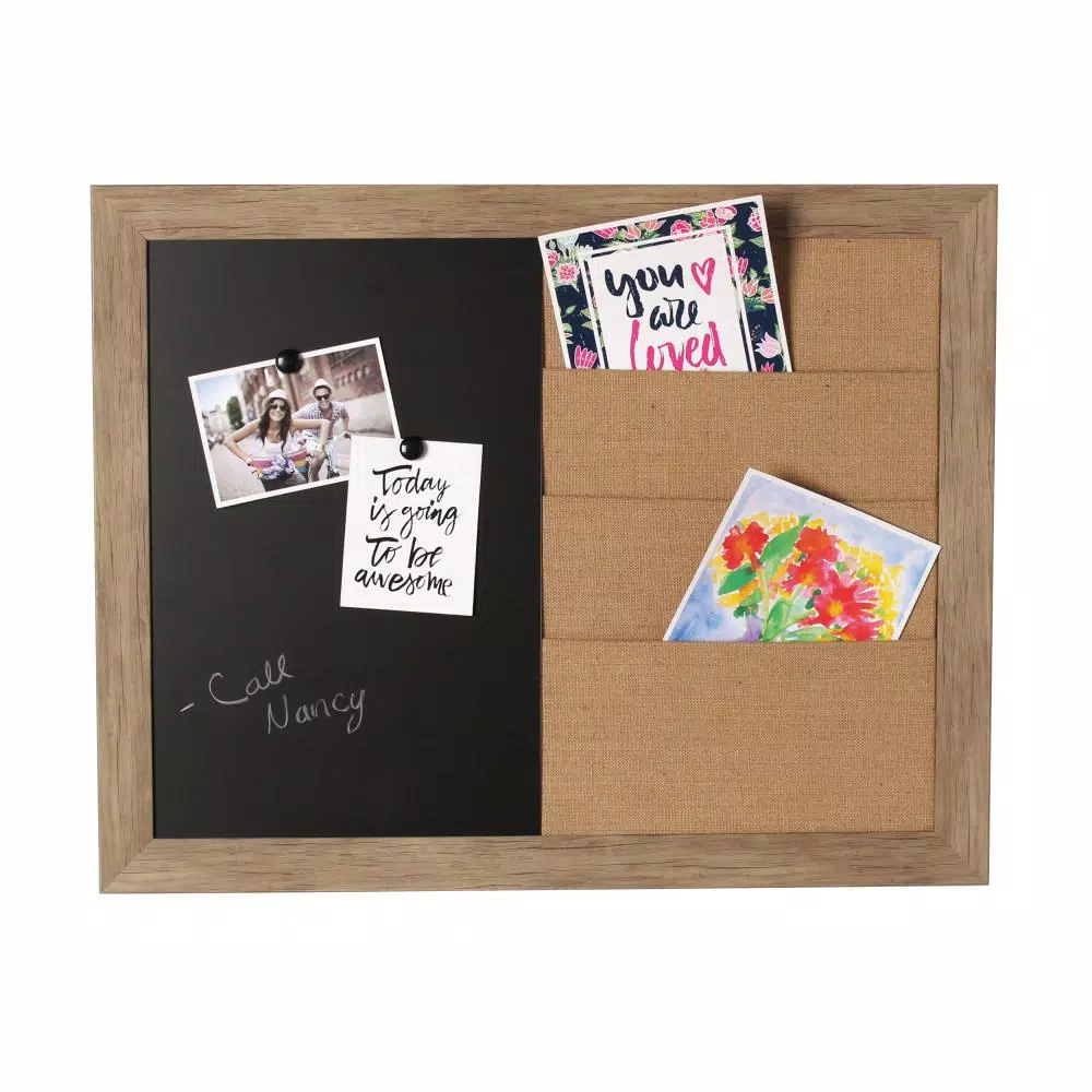 DesignOvation Beatrice Rustic Brown Multi-Function Magnetic Chalkboard and Burlap Pocket Memo Board