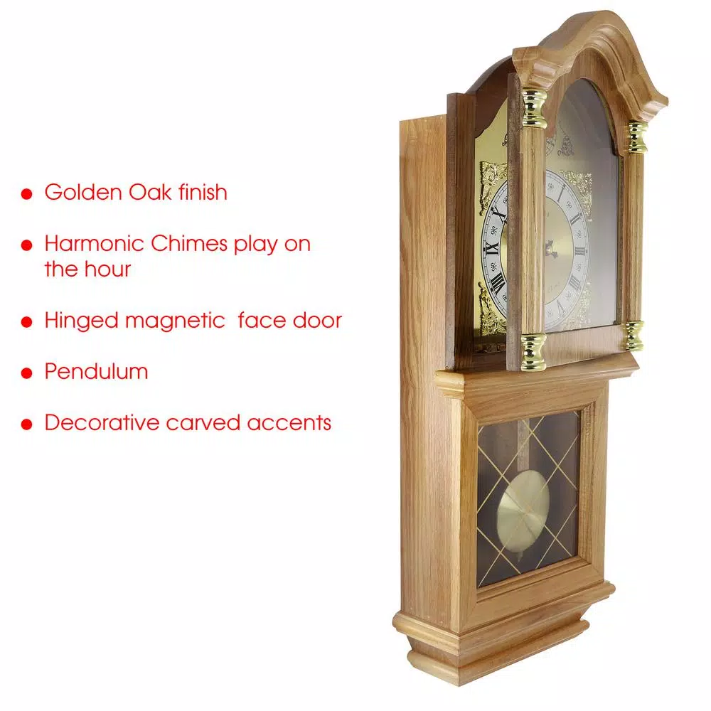 Bedford Clock Collection Bedford Collection 26 in. Golden Oak Wall Clock with Swinging Pendulum and Chimes