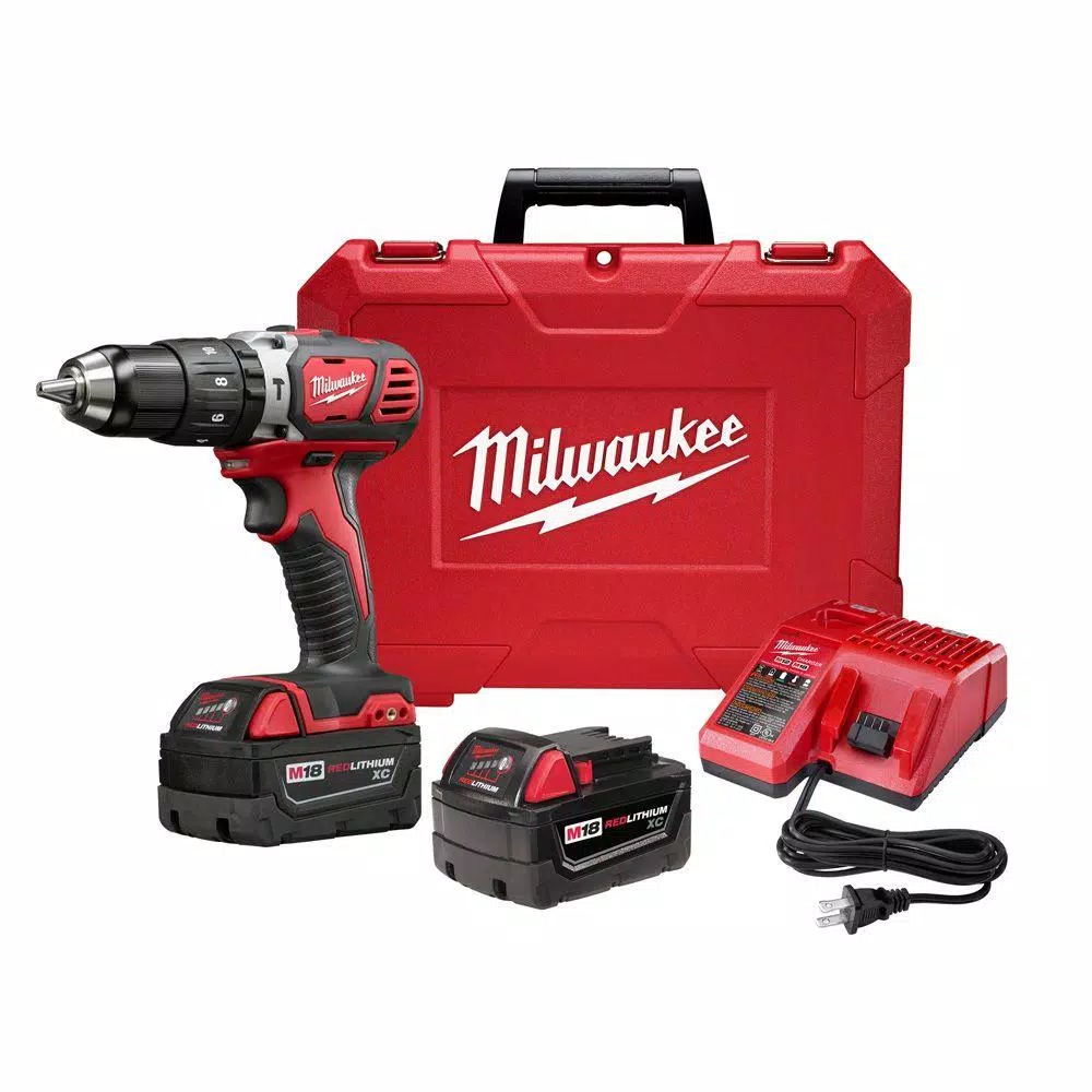 Milwaukee M18 18V Lithium-Ion Cordless 1/2 in. Hammer Drill Driver Kit with (2) 3.0Ah Batteries, Charger & Case