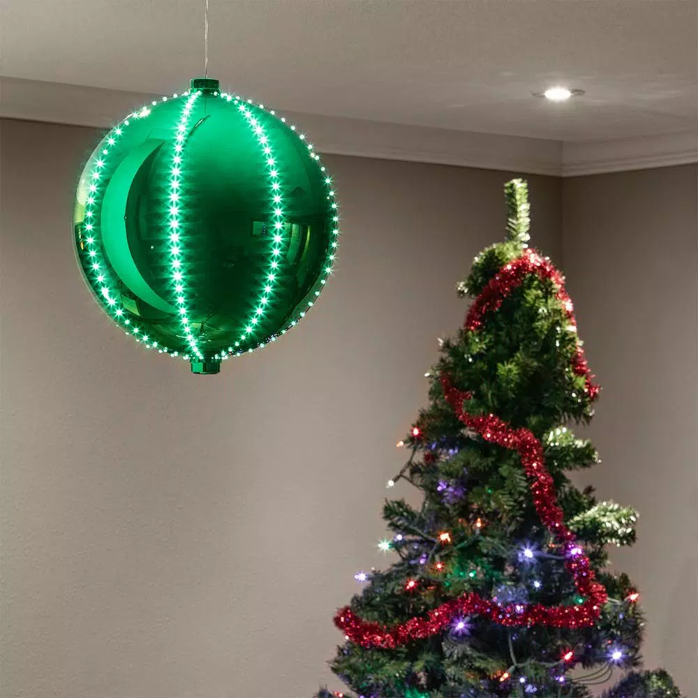 Alpine Corporation 13 in. Green Hanging Christmas Ball Ornament with 240 Chasing LED Lights