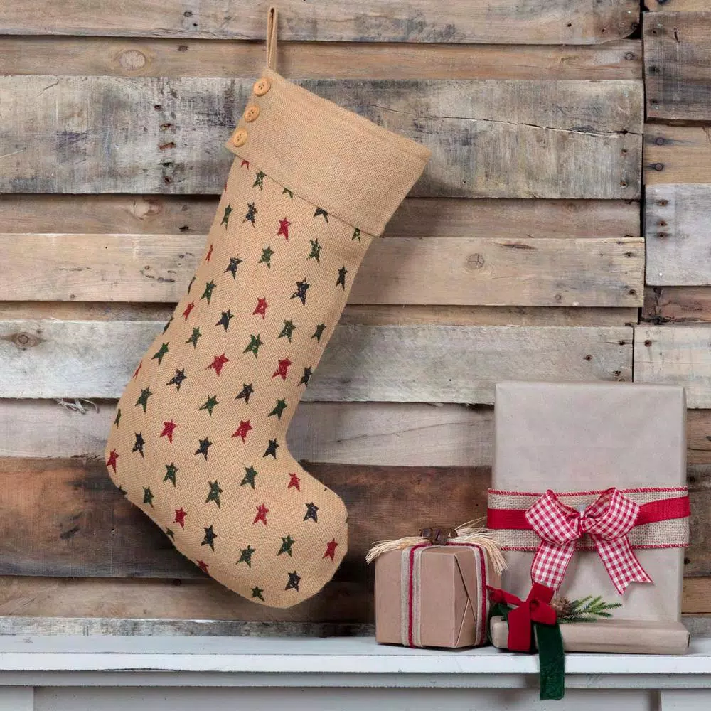 VHC Brands 20 in. Jute Primitive Star Christmas Stocking - Natural Tan Farmhouse Decor