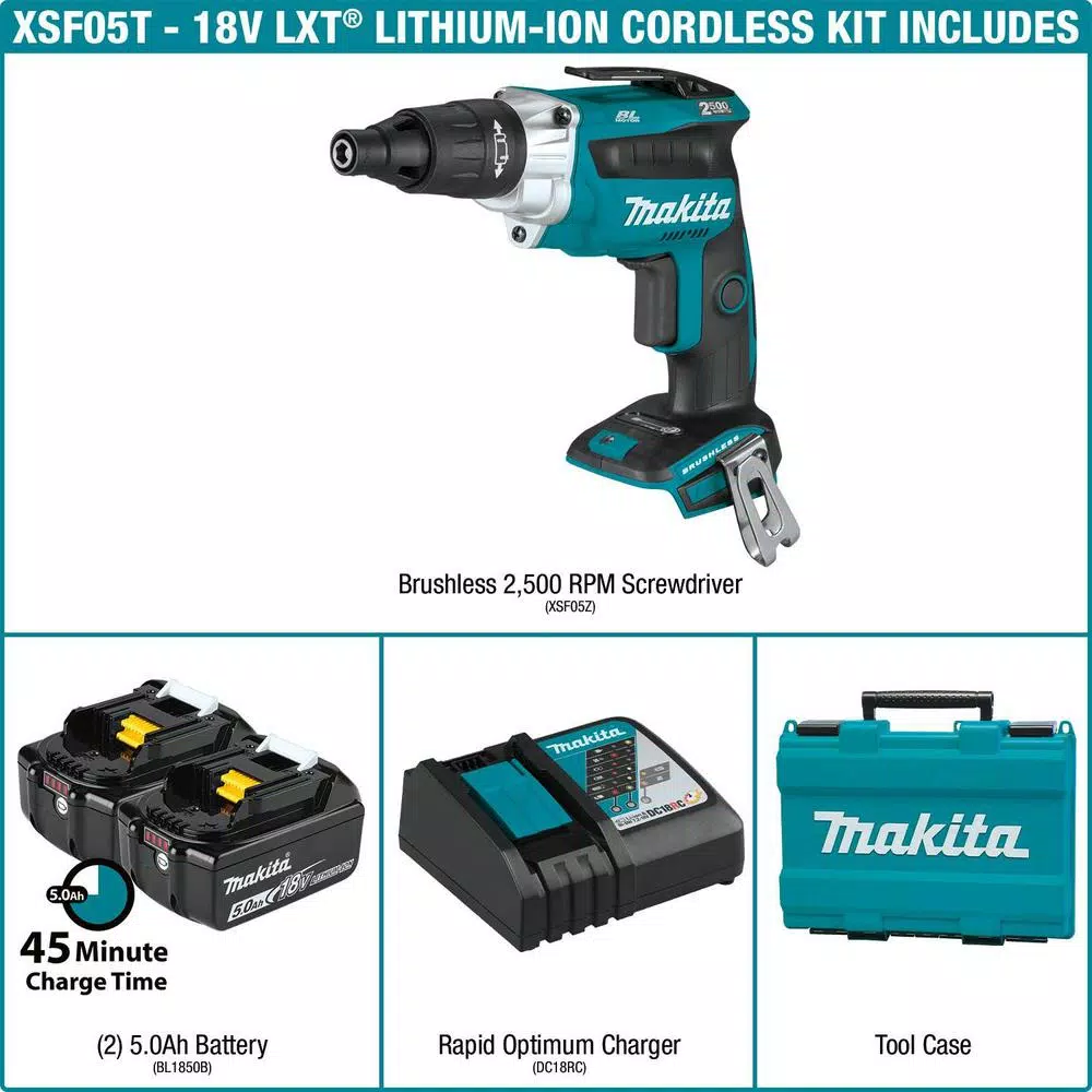 Makita 18V LXT Brushless Cordless 2500 RPM Screwdriver Kit with 5.0 Ah Battery
