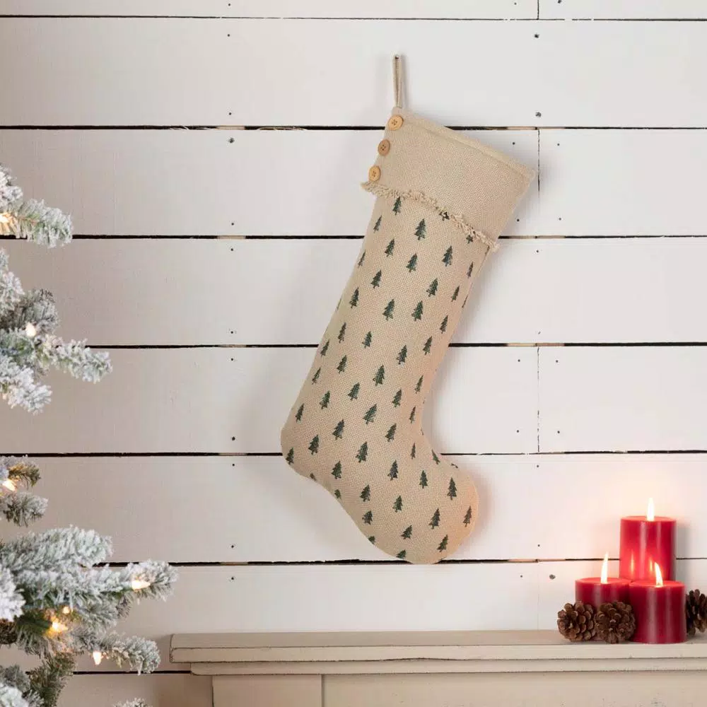 VHC Brands 20 in. Vintage Burlap Tree Christmas Stocking - Antique Creme & Pine Green Cotton