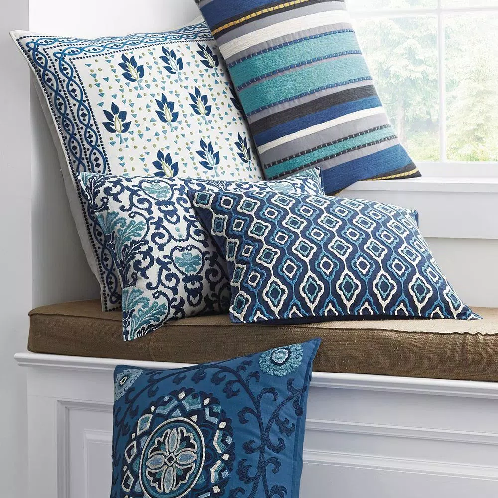 The Company Store Embroidered Blue Ogee 20x20 Decorative Throw Pillow Cover