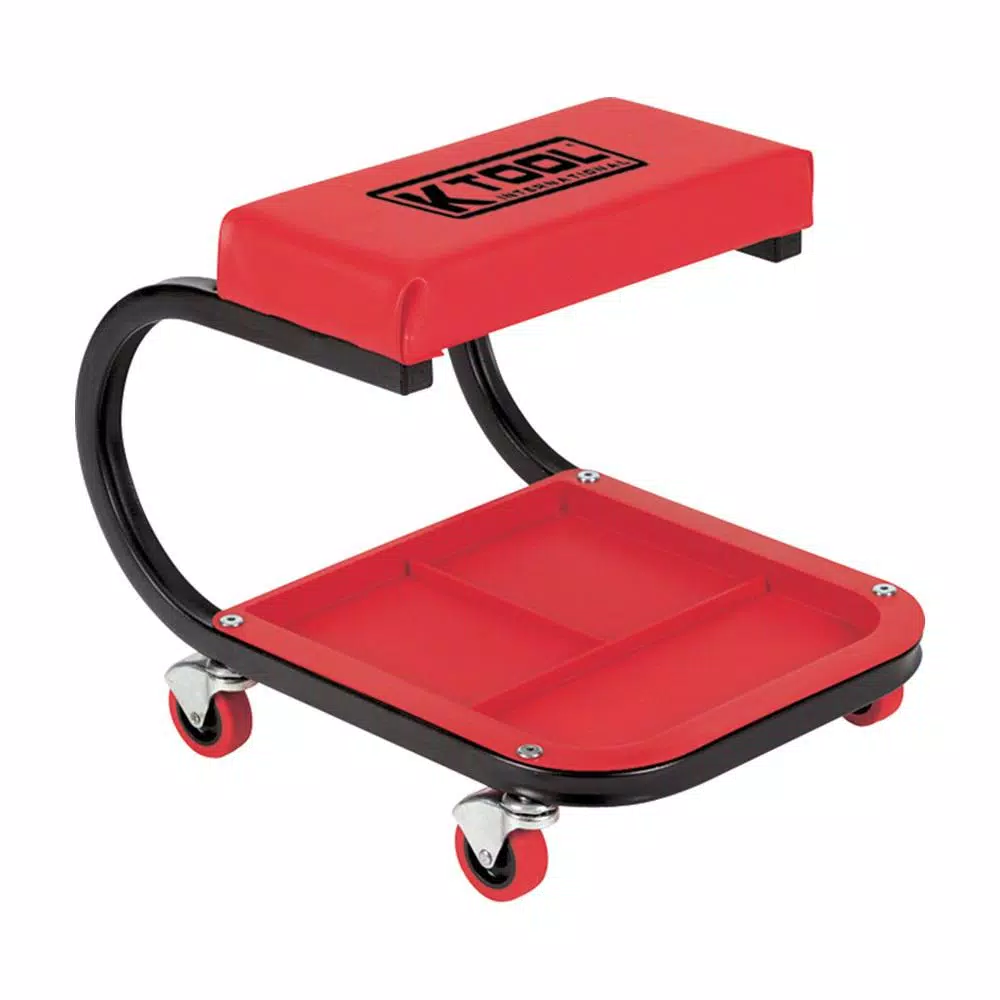 K Tool International Red Mechanic Creeper Seat with 4 Oil-Resistant Casters and Parts Tray