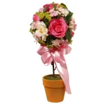 National Tree Company 14 in. Rose and Hydrangea Mixed Flower Topiary with Pink Ribbon thumbnail 1
