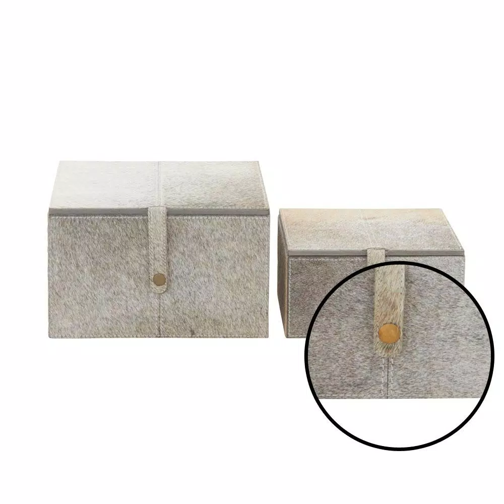 LITTON LANE Natural Reflections Gray Real Leather Hide Decorative Box Set of 2
