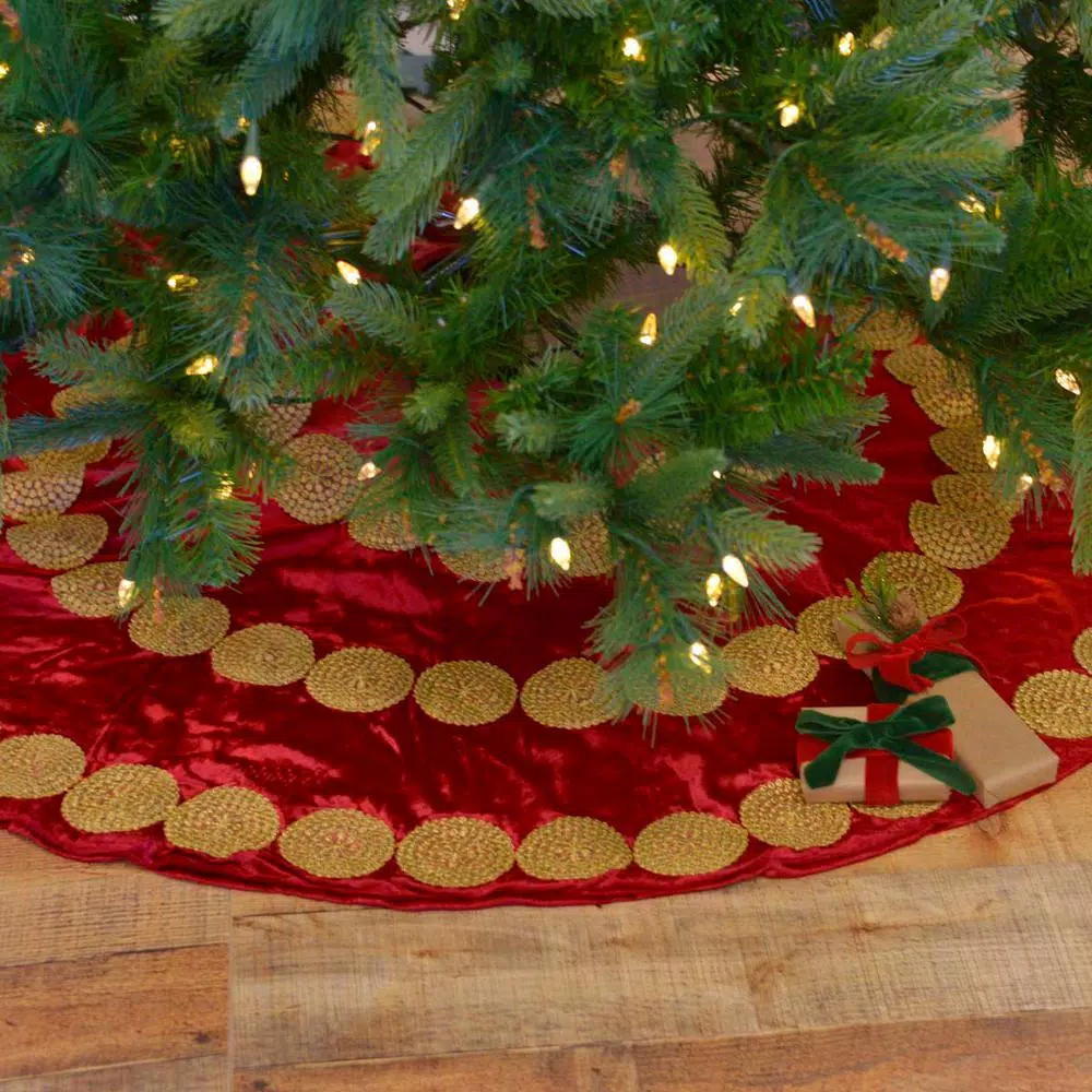 VHC Brands 48 in. Red Memories Glam Christmas Tree Skirt with Gold Trim