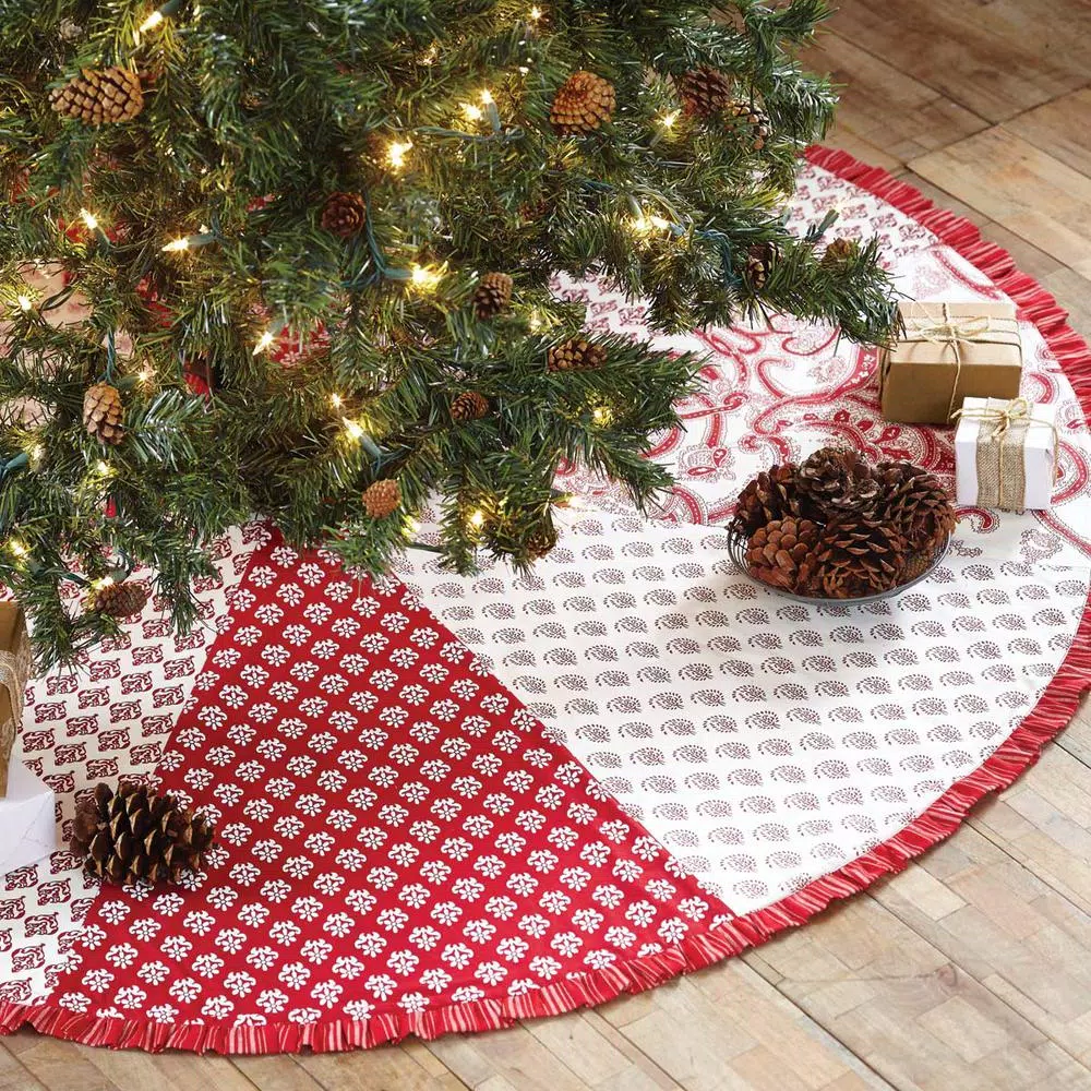 VHC Brands 50 in. Natalia Cherry Red Farmhouse Christmas Tree Skirt with Floral and Paisley Patterns
