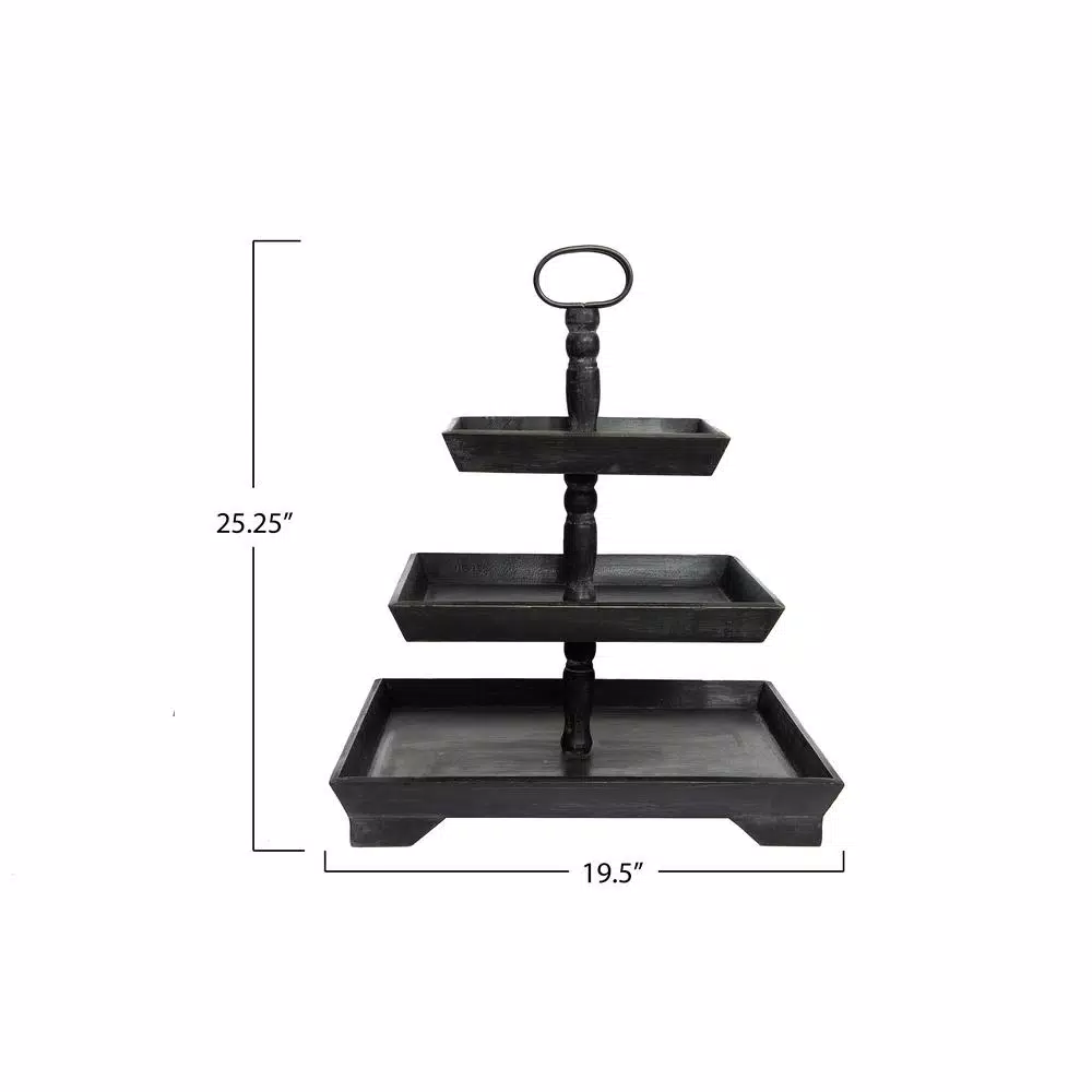 3R Studios Black Wood Three Tier Decorative Tray with Handles