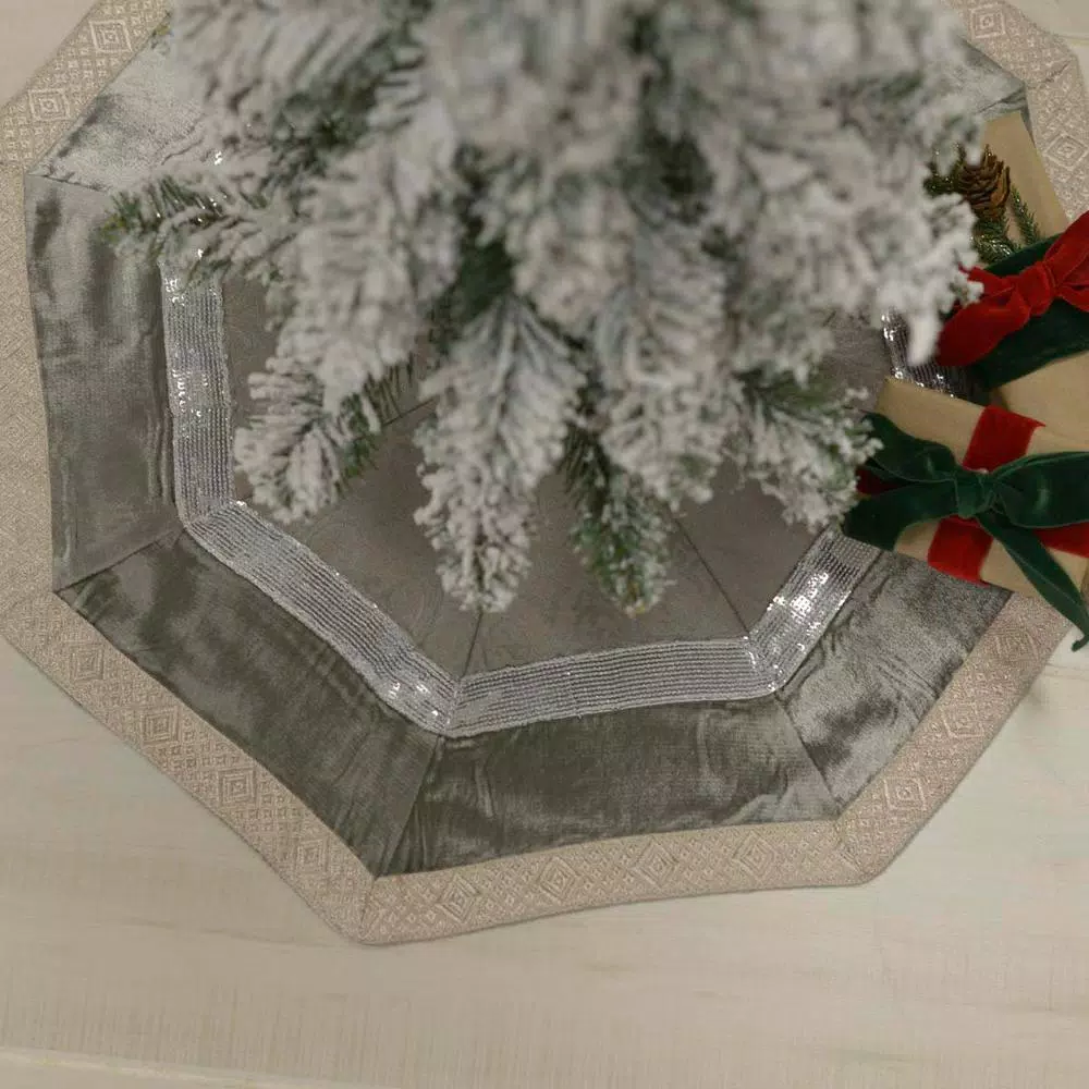 VHC Brands 48 in. Allura Dove Grey Glam Christmas Tree Skirt with Silver and Taupe Diamond Trim