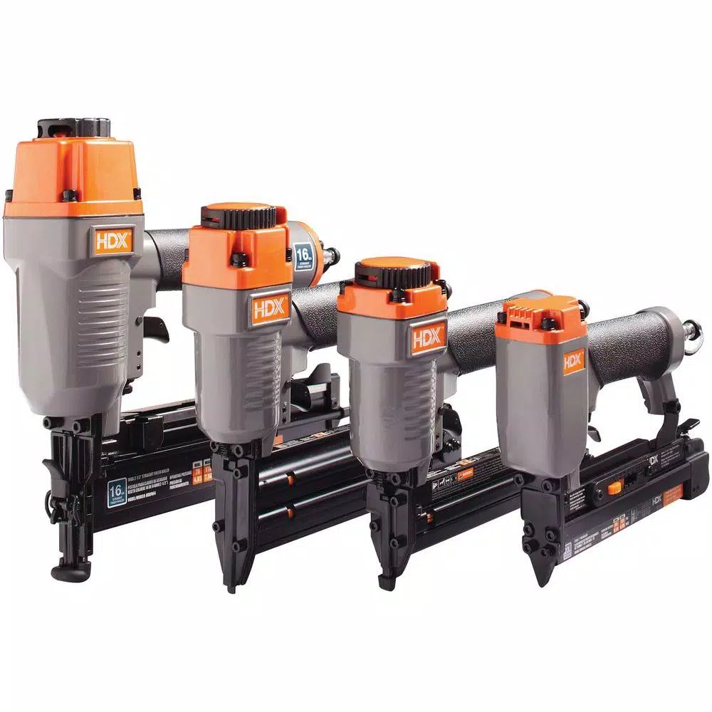 HDX 4-Piece Pneumatic Finishing Kit with Fasteners - Air Nailer and Stapler Set
