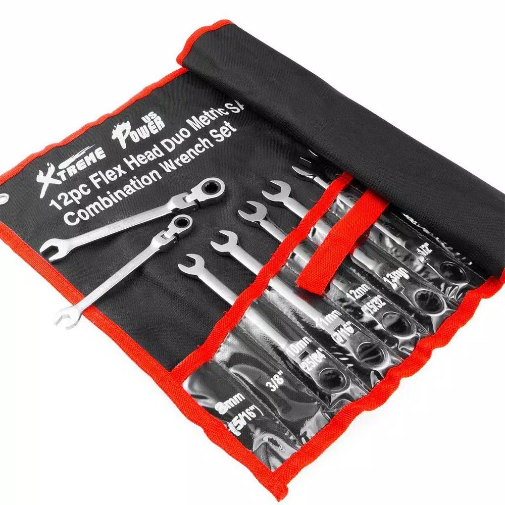 XtremepowerUS 12-Piece Flex-Head SAE and Metric Ratcheting Combination Wrench Set with Tool Pouch