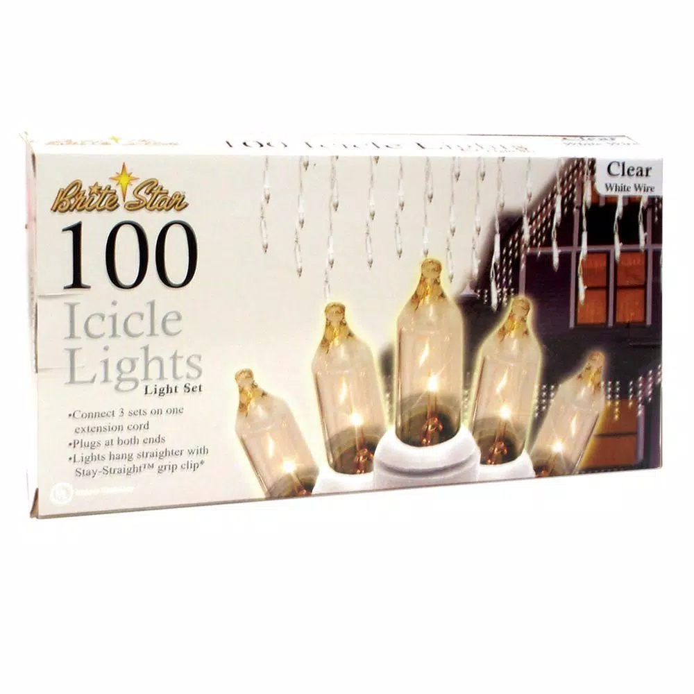 Unbranded Brite Star 100-Light Clear Icicle Light Set with Stay Straight Grip Clip, White Wire