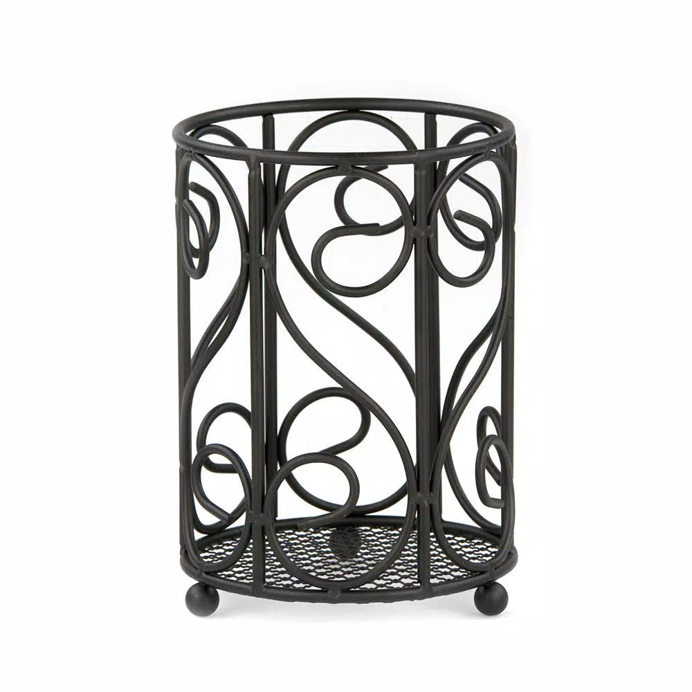 Unbranded Scroll Collection Black Steel Utensil Holder with Mesh Bottom and Non-Skid Feet
